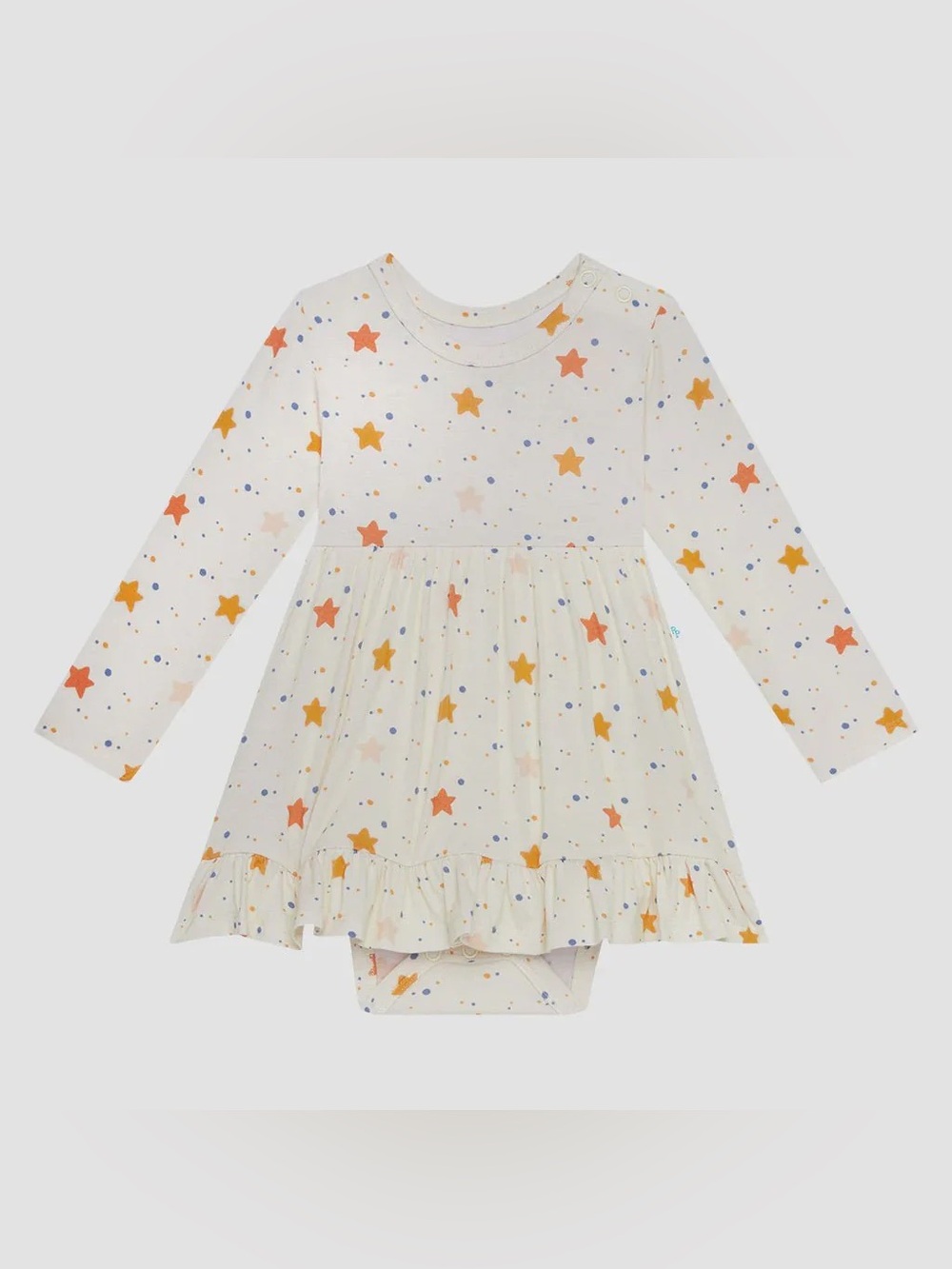 Posh Peanut Star Print Long Sleeve Baby Dress Bodysuit in Cream and Orange